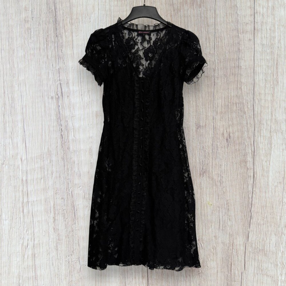 Y2K Betsey Johnson Black Lace Overlay Dress Slip Puff Sleeve Ruffle Trim Vintage - Picture 2 of 11